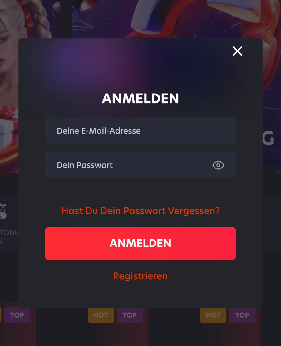 Anmeldefenster von 1Red mit Feldern für E-Mail und Passwort sowie Link zur Registrierung