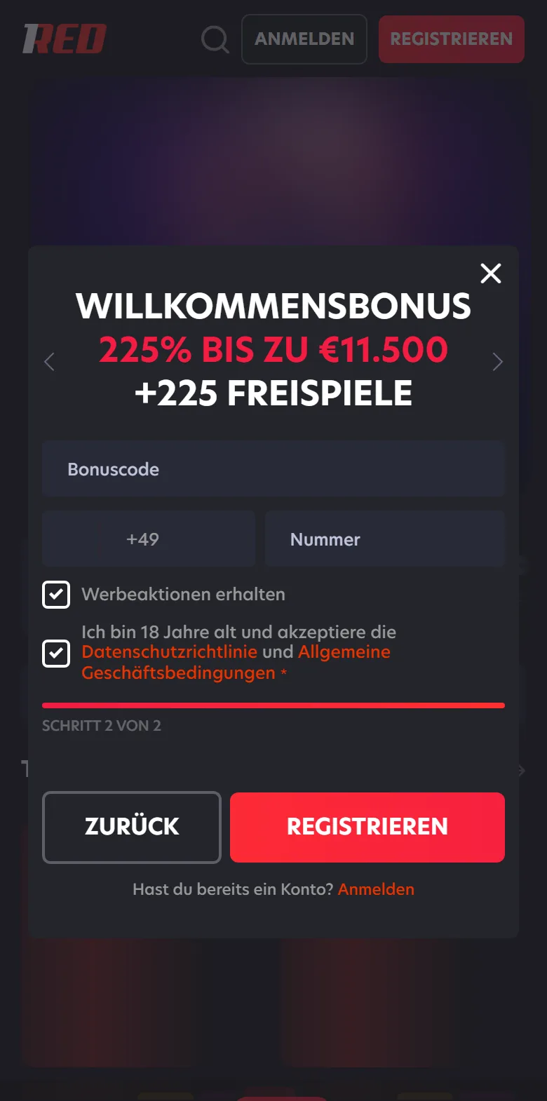 Registrierung in der 1Red App: Bonuscode, Telefonnummer und Bestätigung der Bedingungen