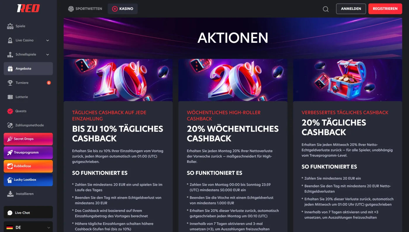 Aktionen im 1Red Casino: tägliches Cashback, wöchentlicher High-Roller-Bonus und Reload-Angebote