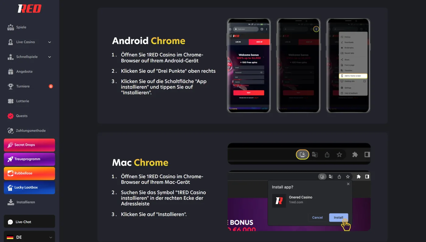 Anleitung zur Installation der 1Red Casino App auf Android über den Chrome-Browser