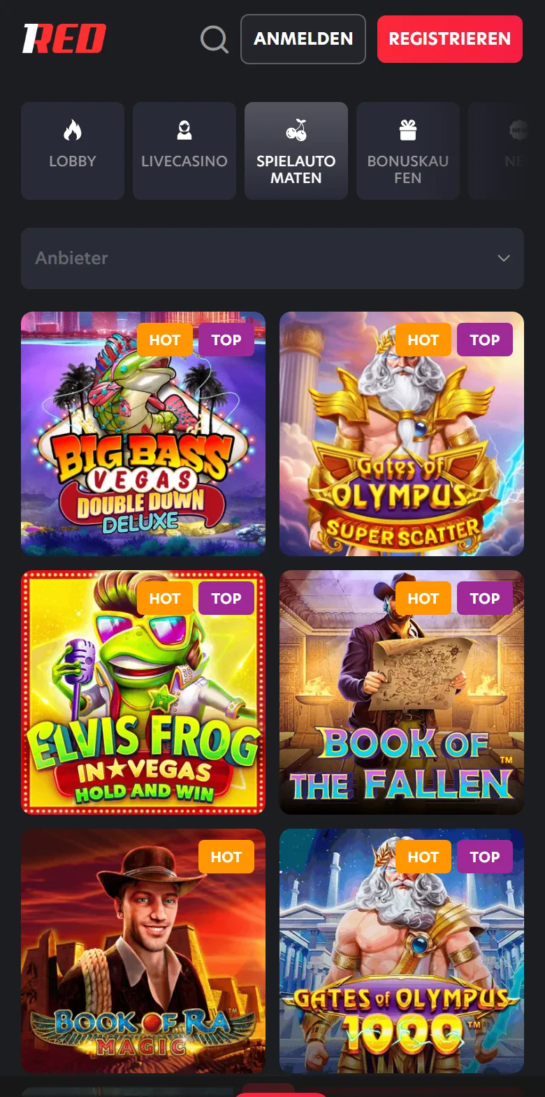 1Red Casino App auf dem Smartphone: Spielautomaten-Lobby mit Anmelde-Button in der Kopfzeile