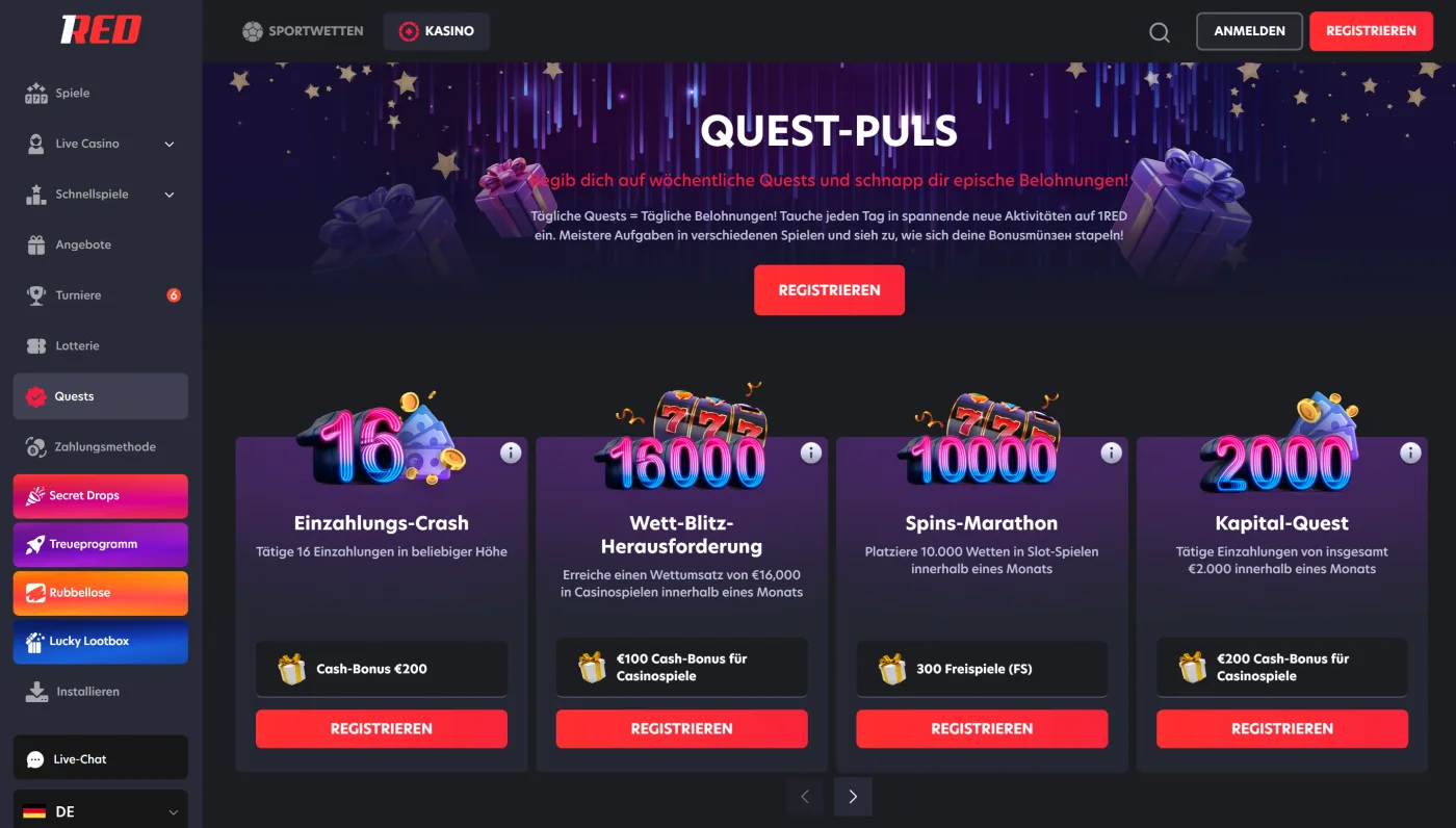 Quest-Puls im 1Red Casino mit wöchentlichen Aufgaben, Cash-Bonus und Freispielen