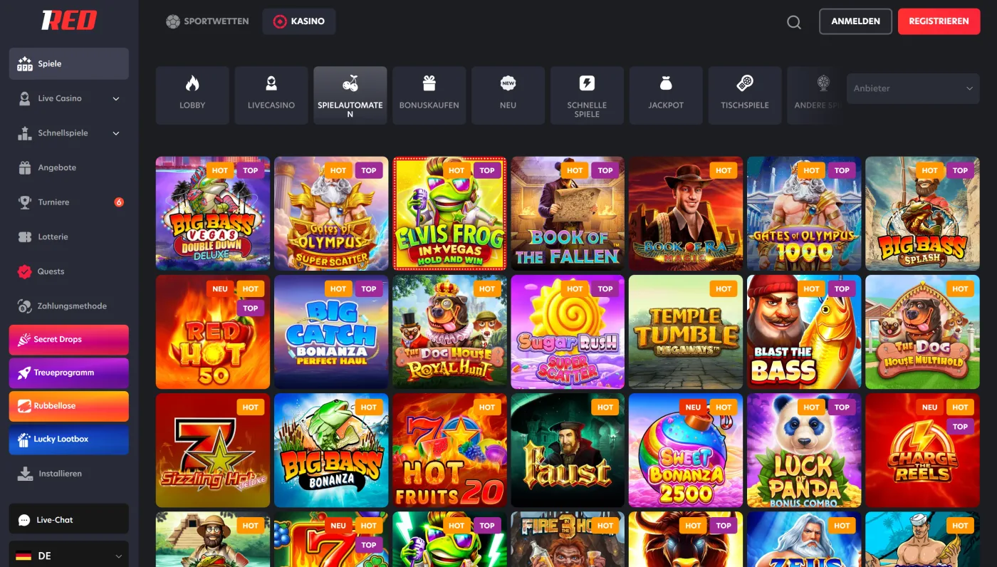 Spielautomaten-Lobby im 1Red Casino mit Filtern nach Kategorie und Anbieter