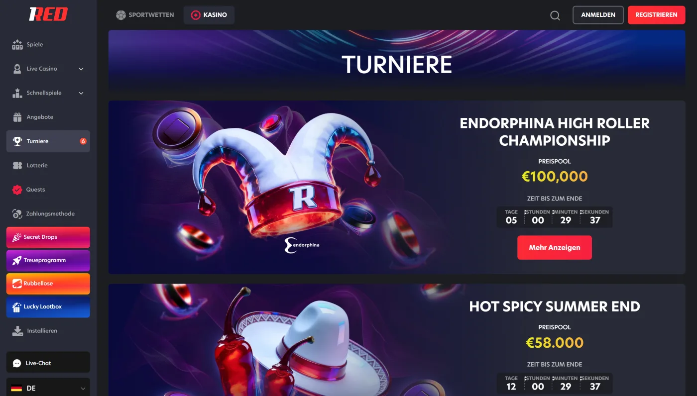 Turnierübersicht im 1Red Casino mit Preispool und Restlaufzeit je Turnier