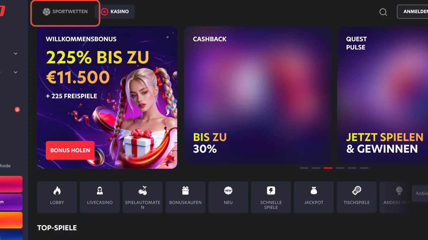 Erste Wette bei 1Red: Sportwetten-Bereich über die Kopfzeile öffnen