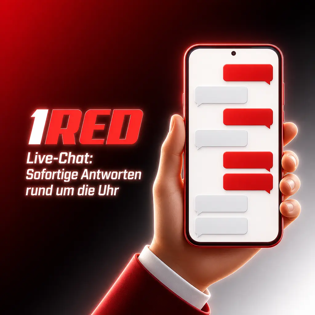 1Red Live-Chat-Symbol in der unteren rechten Ecke – 24/7 Support auf Deutsch und Englisch verfügbar