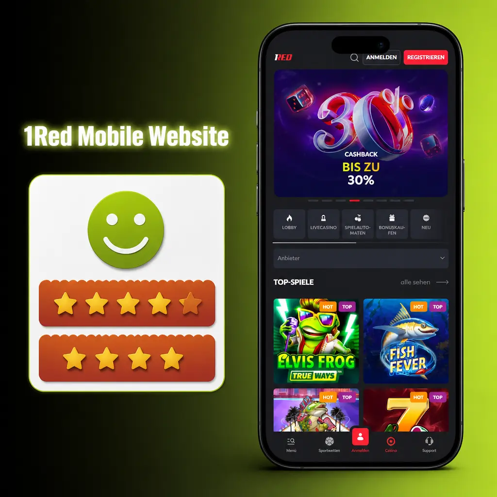 1Red mobile Website auf Smartphone und Tablet – Sportwetten und Casino ohne App im Browser verfügbar