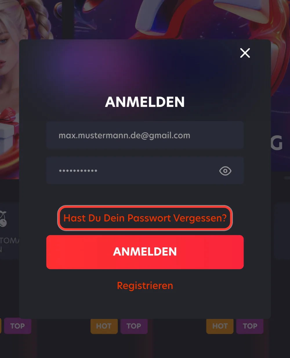 Wiederherstellung starten: Link Passwort vergessen im Anmeldefenster von 1Red