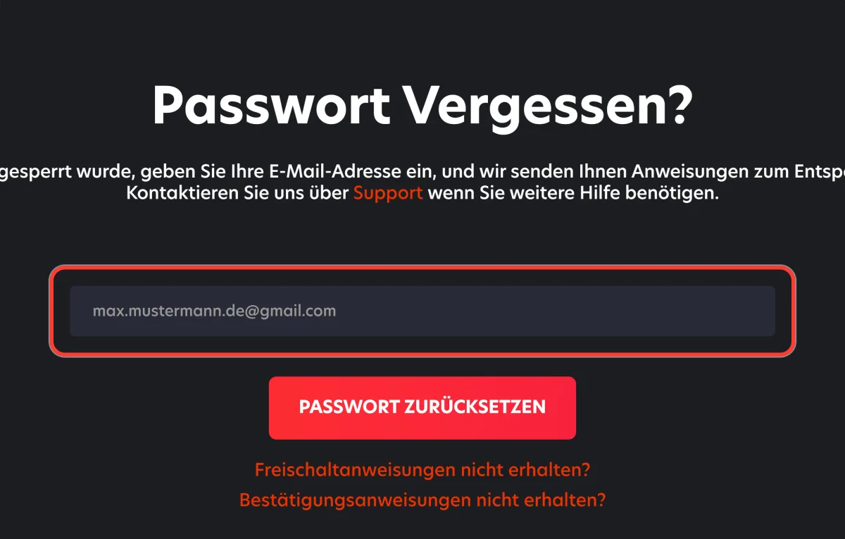 E-Mail-Adresse zum Zurücksetzen des Passworts für das 1Red Konto eintragen