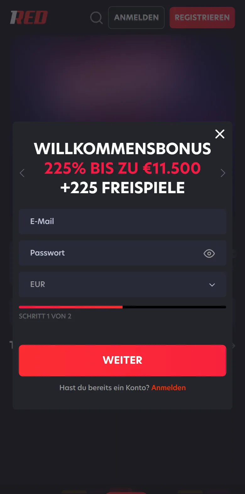 Registrierung bei 1Red in der mobilen Version mit E-Mail, Passwort und Währungsauswahl