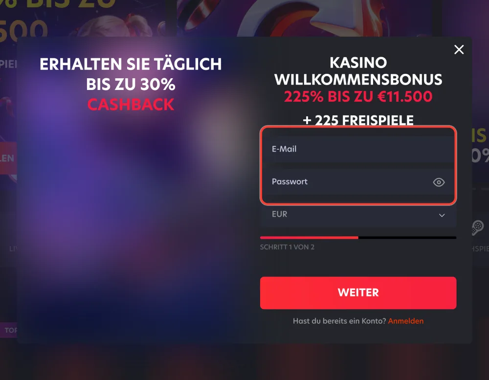 Schritt 2 der 1Red Registrierung: E-Mail-Adresse und Passwort im Formular eintragen