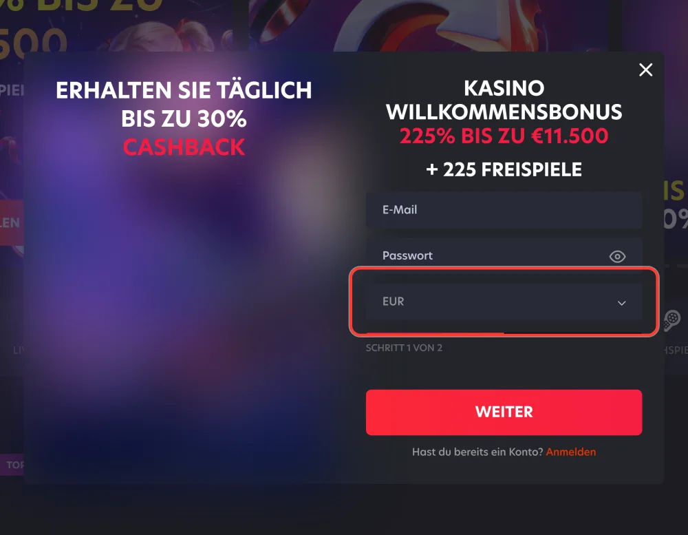 Schritt 3 der 1Red Registrierung: Währung für das Spielerkonto auswählen