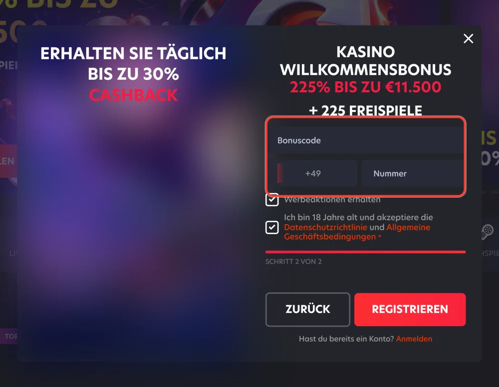 Schritt 4 der 1Red Registrierung: Bonuscode und Telefonnummer im zweiten Formularschritt eingeben