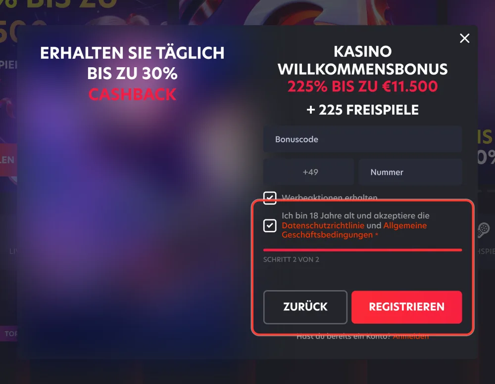 Schritt 5 der 1Red Registrierung: Bedingungen bestätigen und Konto anlegen