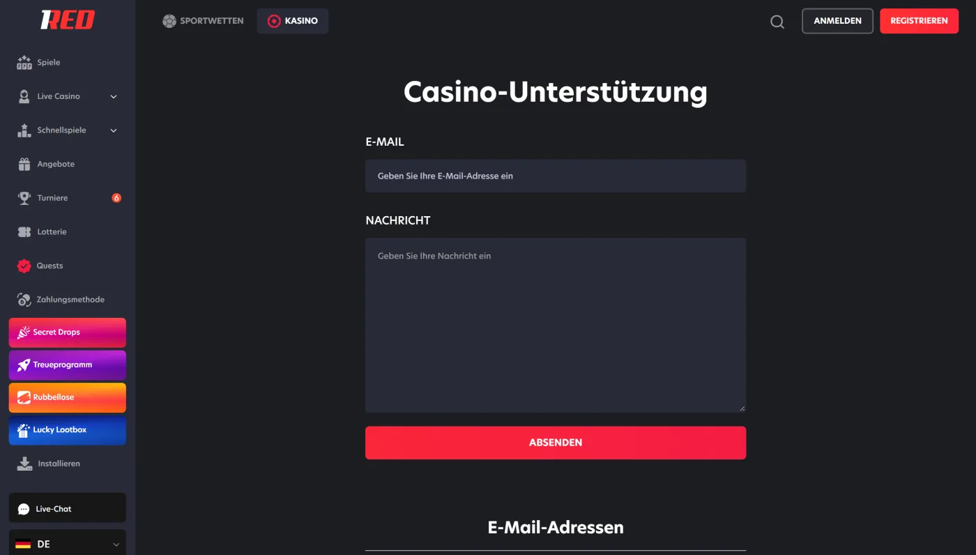 Kontaktformular im Support-Bereich von 1Red für Anfragen an den Kundendienst