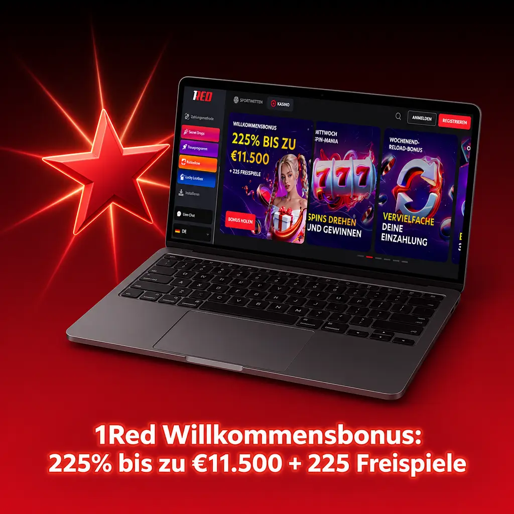 1Red Willkommensbonus: 225% bis €11.500 und 225 Freispiele für neue Spieler in Deutschland