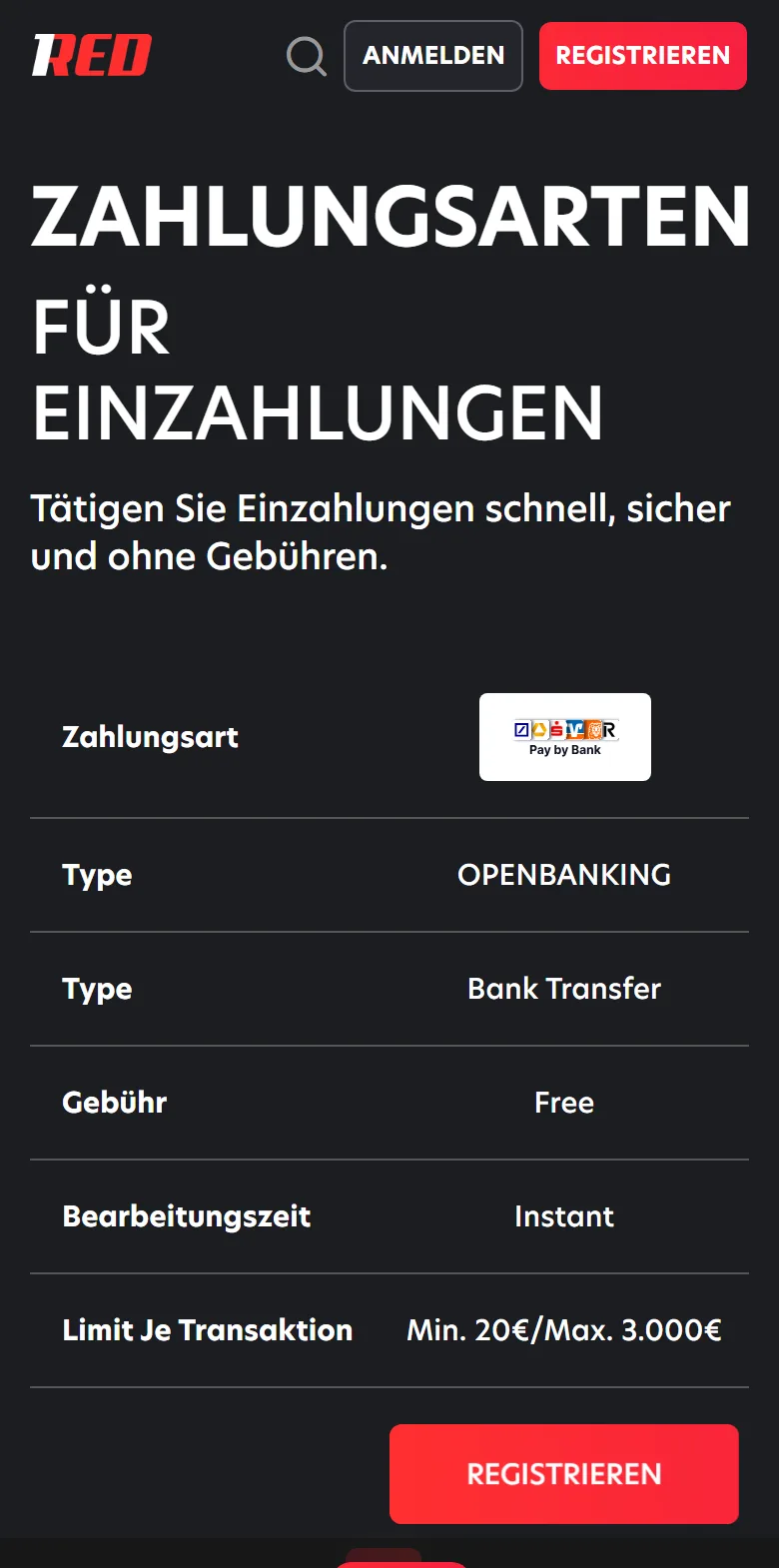 Zahlungsarten in der mobilen 1Red App mit Bearbeitungszeit und Limit je Transaktion